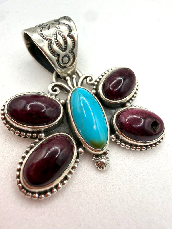 NATIVE HANDMADE KINGMAN TURQUOISE & PURPLE SPINY OYSTER BUTTERFLY PENDANT BY TONY YAZZIE (LB 24)