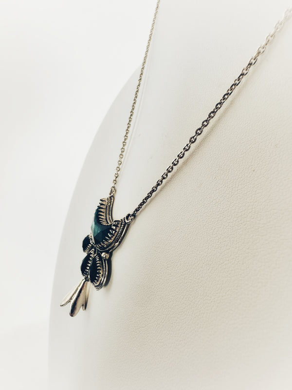 FACETED LABRADORITE & BLACK ONYX BLOSSOM CHARM NECKLACE 16-22" (MW 204)