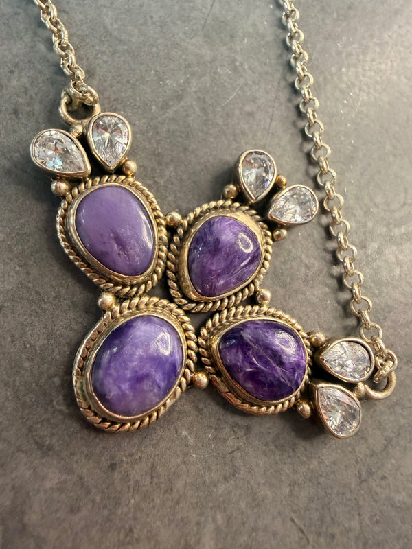 CHAROITE CLUSTER & FACETED WHITE QUARTZ NECKLACE 14-16" (JD 16)