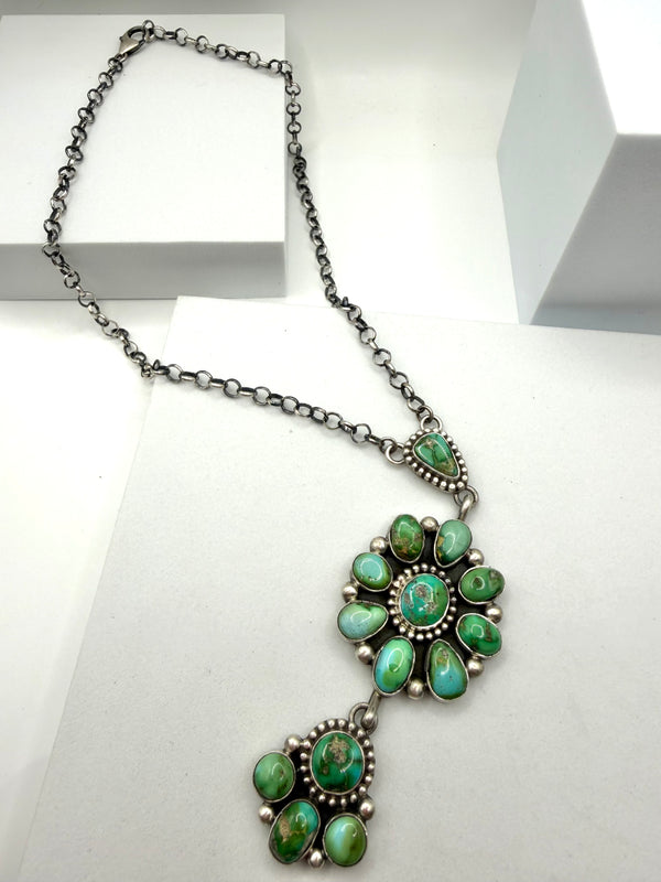 SONORAN GOLD TURQUOISE CLUSTER NATIVE HANDMADE LARIAT BY CHARLES JOHNSON (UP TO 19") (NP 9)