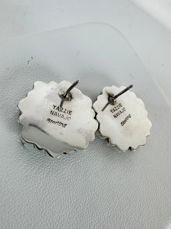 NATIVE HANDMADE KINGMAN TURQUOISE CLUSTER POST BACK EARRINGS BY SALLY YAZZIE (LB 2)