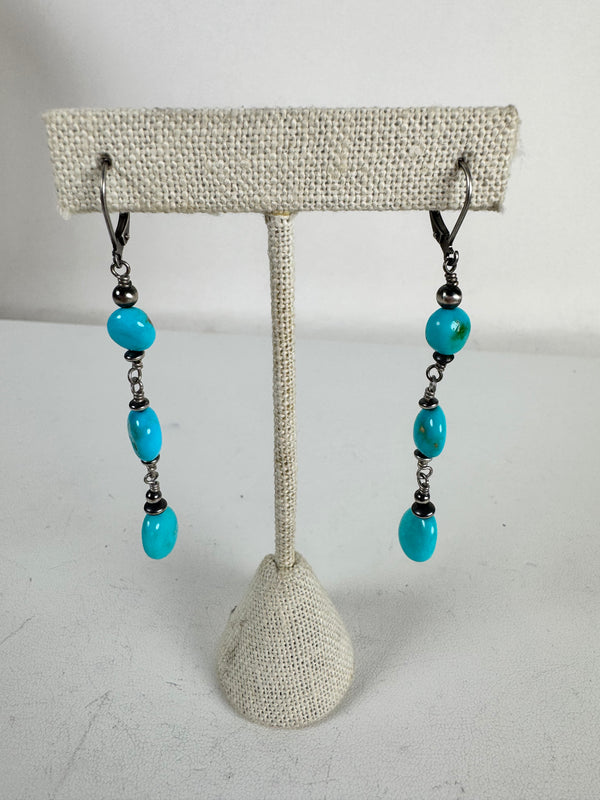 NAVAJO & SAUCER PEARLS KINGMAN LONG EARRINGS 3"