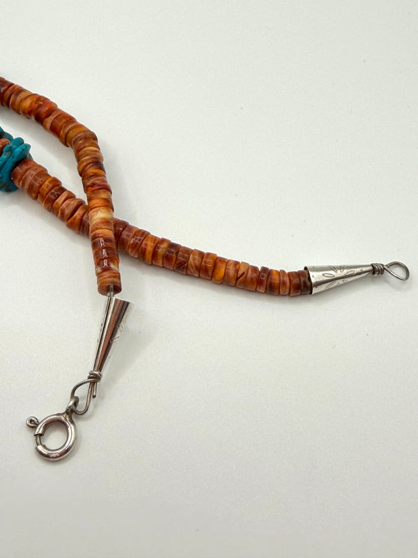 ORANGE SPINY OYSTER & KINGMAN TURQUOISE DISCS NECKLACE 23" (MK 9)