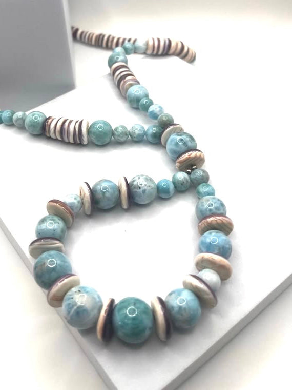 NATIVE HANDMADE WAMPUM & LARIMAR JOCLA 24" 5" DROP (MK 9)