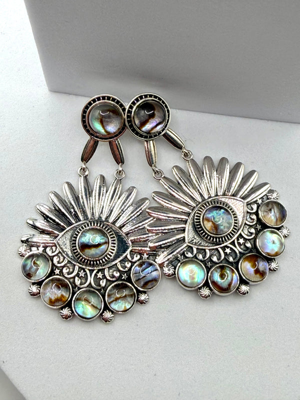 STERLING SILVER ABALONE SHELL EVIL EYE HESPERA POST BACK EARRINGS (JR 86)