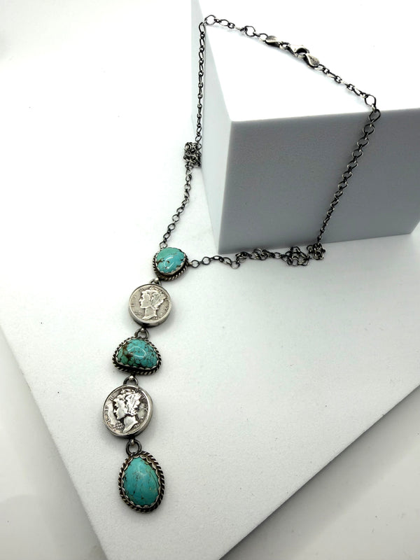 J. FRANK RED MOUNTAIN TURQUOISE DIME NATIVE HANDMADE ADJUSTABLE LARIAT 22" (LL 1)
