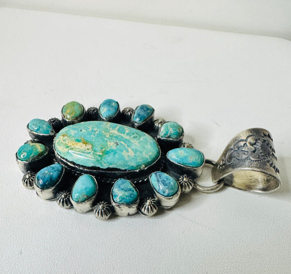 NATIVE HANDMADE CARICO LAKE TURQUOISE CLUSTER PENDANT BY T. NEZ SR. 3" (LB 10)
