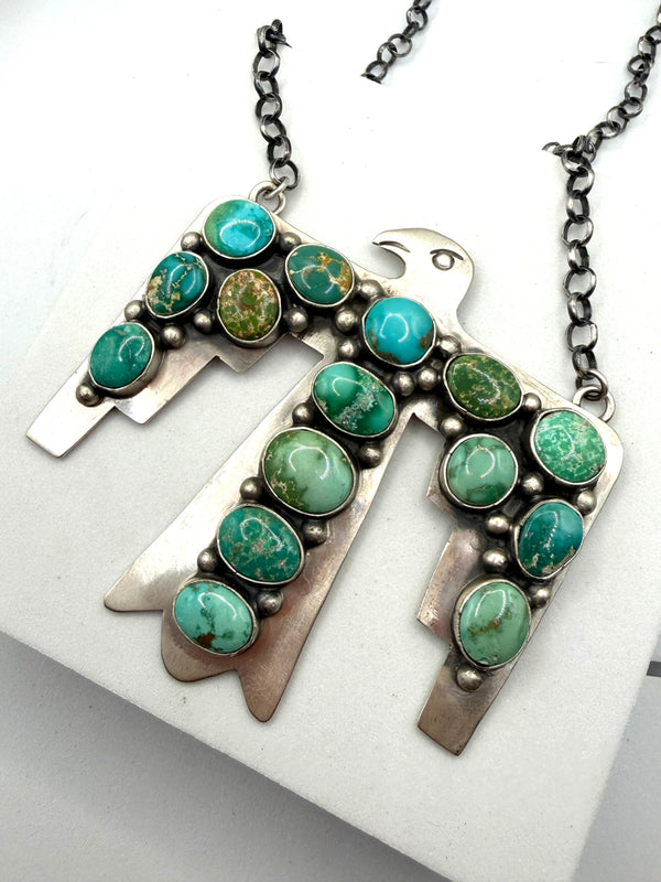 NATIVE HANDMADE MULTITURQUOISE THUNDERBIRD ADJUSTABLE NECKLACE 21" BY RUSSELL SAM (NP 17)