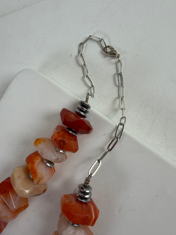 ORANGE AGATE & FACETED HEMATITE SPACERS STATEMENT NECKLACE 20-24" (MW 398)
