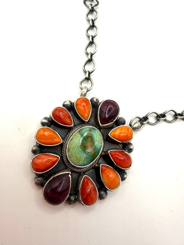 TRAVIS J MULTISTONES SPINY & SONORAN GOLD TURQUOISE ADJUSTABLE NECKLACE 18"(LL 9)