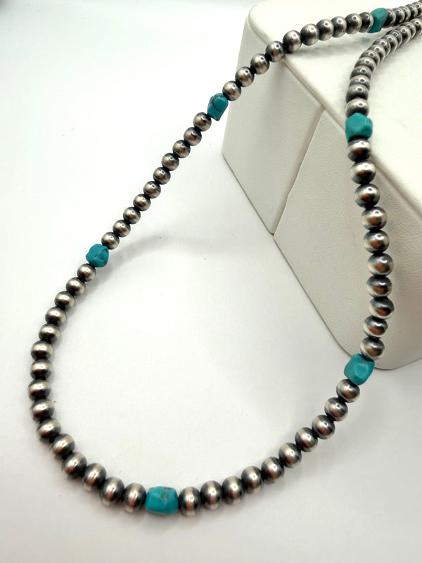 6MM NAVAJO PEARLS & KINGMAN TURQUOISE NECKLACE 16-18" (CO 105)