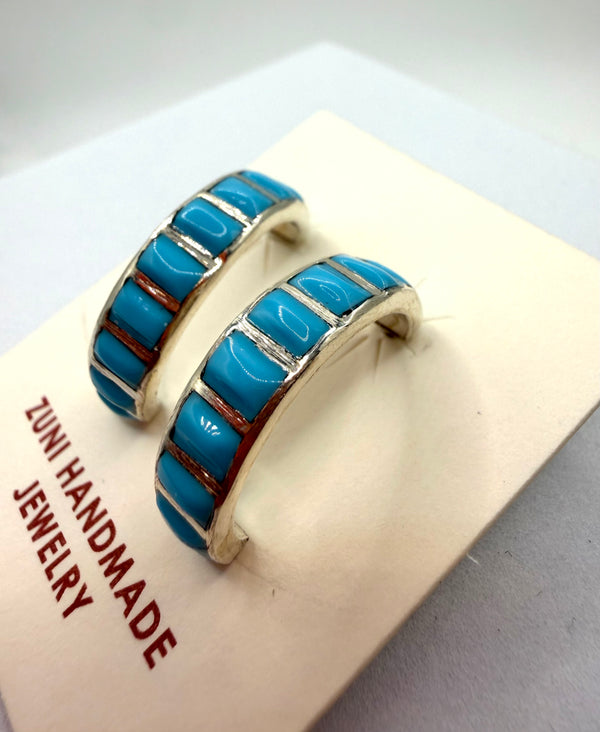 GLENLETTA LUNA ZUNI HANDMADE SLEEPING BEAUTY TURQUOISE INLAY HOOP EARRINGS (CS 1)