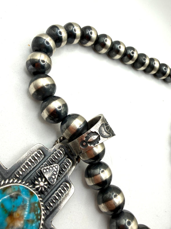KEVIN BILLAH RED MOUNTAIN TURQUOISE ZIA 12MM NAVAJO PEARLS 17" NECKLACE (NP 32)