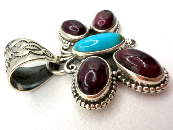 NATIVE HANDMADE KINGMAN TURQUOISE & PURPLE SPINY OYSTER BUTTERFLY PENDANT BY TONY YAZZIE (LB 24)