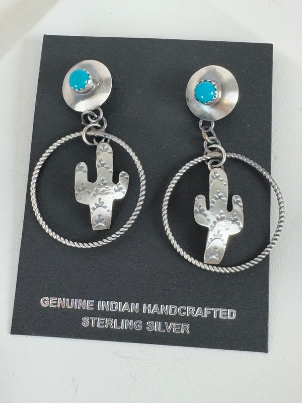 NATIVE HANDMADE SLEEPING BEAUTY TURQUOISE CACTUS DANGLE EARRINGS