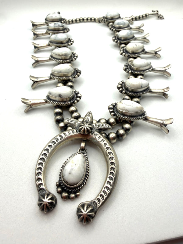 THOMAS FRANCISCO WHITE BUFFALO TURQUOISE NATIVE HANDMADE SQUASH BLOSSOM 27" & EARRINGS SET (NP 21)