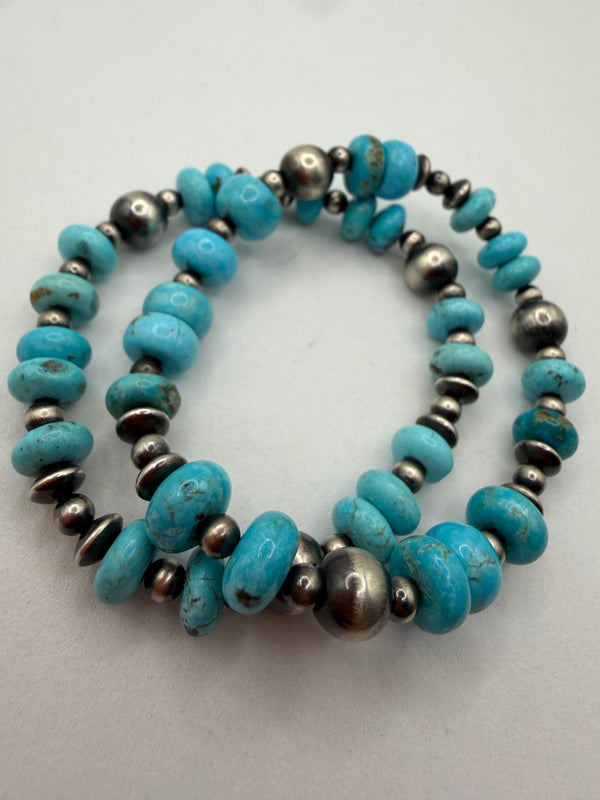 NATIVE HANDMADE NAVAJO SAUCER PEARLS & TURQUOISE STRETCH BRACELETS (CO 126)