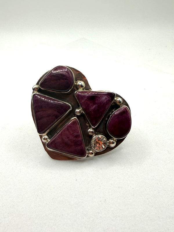 JACQUELINE SILVER NATIVE HANDMADE PURPLE SPINY ADJ RING (LA 10)