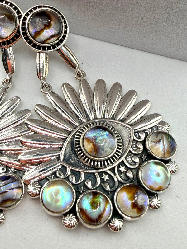 STERLING SILVER ABALONE SHELL EVIL EYE HESPERA POST BACK EARRINGS (JR 86)