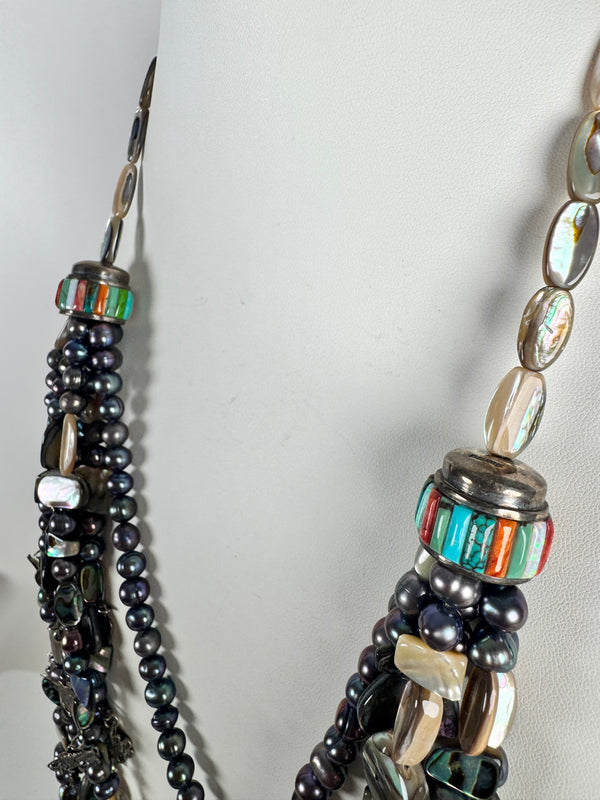 MULTISTRAND ABALONE SHELL & MULTISTONES INLAY ONE-OF-A-KIND 42" NECKLACE (MW 326)