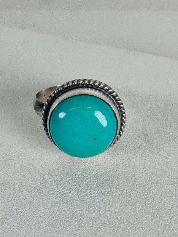 NATIVE HANDMADE BLUE GLACIER TURQUOISE ADJUSTABLE OVAL RING STAMPED T.  (CO 47)