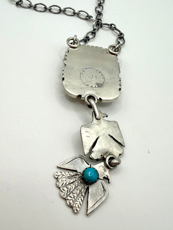 NATIVE HANDMADE WHITE BUFFALO & KINGMAN TURQUOISE STATEMENT NECKLACE (19.5") WITH THUNDERBIRD DESIGN BY JOHN MCCRAY(NP 3)