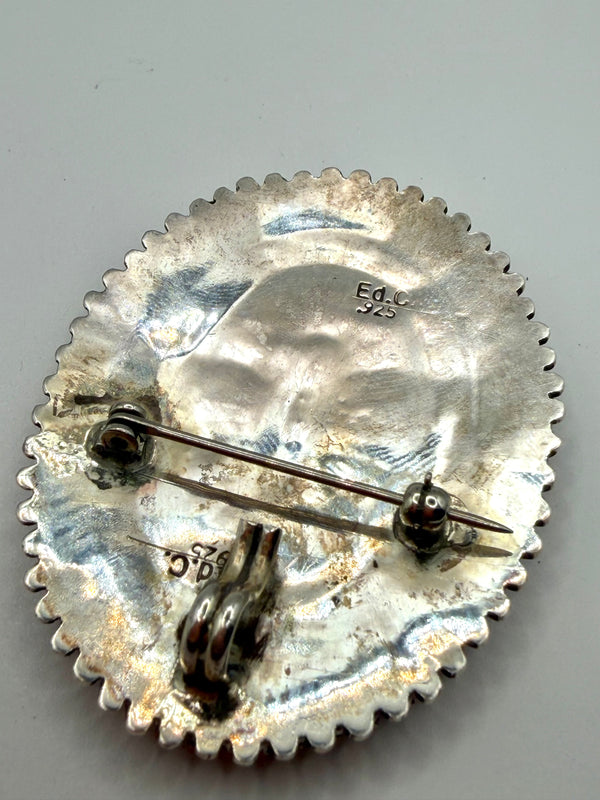 NATIVE HANDMADE MEDITERRANEAN CORAL NEDDLE POINT OVAL PIN & PENDANT BY EDMUND COOYEATE 2 1/8" (MW 448)