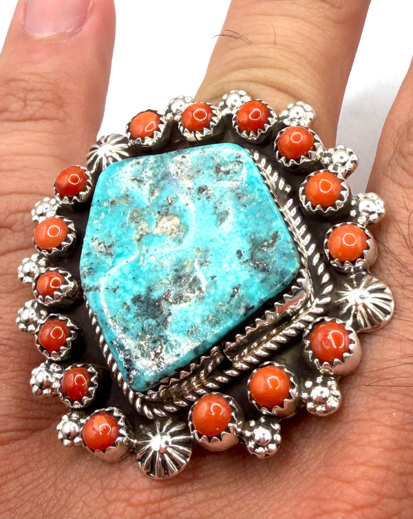 DARLENE BEGAY LANDER BLUE TURQUOISE & CORAL CLUSTER NATIVE HANDMADE STATEMENT RING SIZE 9 (LA 3)