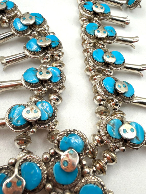 (RARE PIECE) EFFIE CALAVAZA ZUNI SLEEPING BEAUTY TURQUOISE SNAKE SQUASH BLOSSOM NECKLACE 22" & POST BACK EARRINGS NAVAJO HANDMADE SET (NP 33)