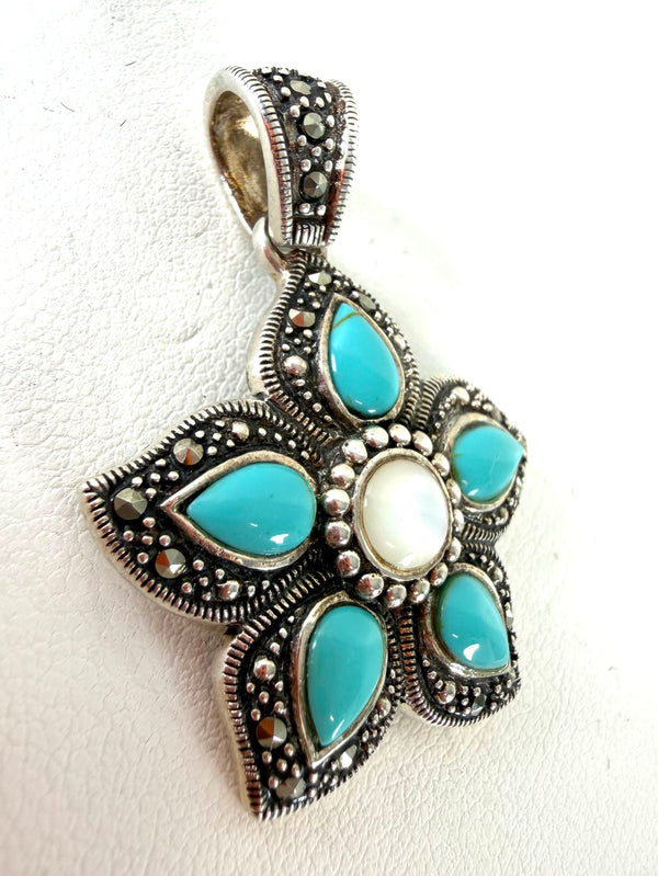 KINGMAN TURQUOISE MOP STERLING SILVER FLOWER PENDANT (RF 14)