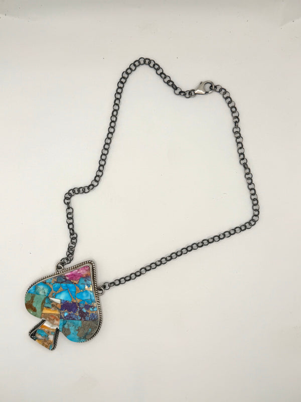 NATIVE HANDMADE PINK & PURPLE DAHLIA & SPINY TURQUOISE SPADE NECKLACE BY PATRICK YAZZIE (UP TO 20") (NP 5)
