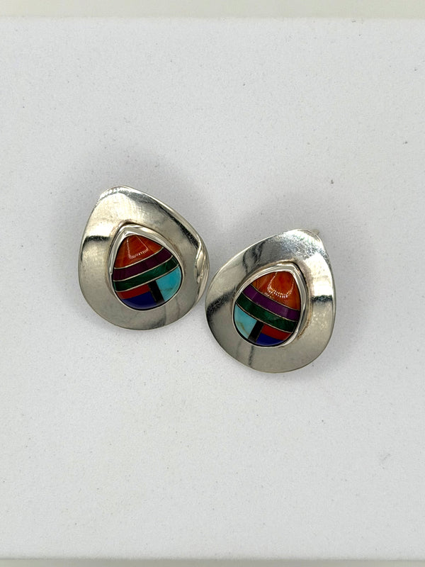 NATIVE HANDMADE MULTISTONES INLAY POST BACK EARRINGS BY ELLA PETER (LB 43)