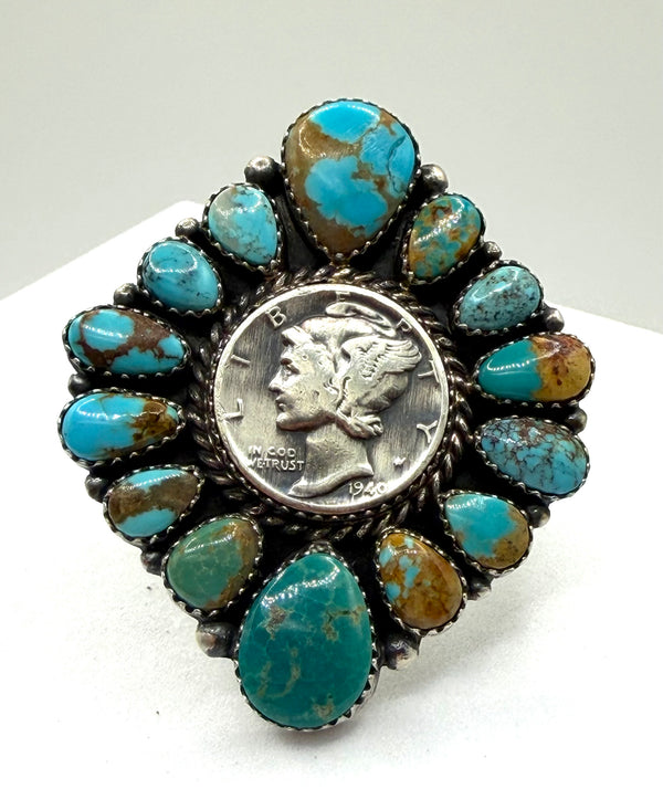 (RARE PIECE) ANNIE SPENCER MERCURY DIME MINE #8 & KINGMAN TURQUOISE CLUSTER 1940 ADJUSTABLE NATIVE HANDMADE RING (NP 29)