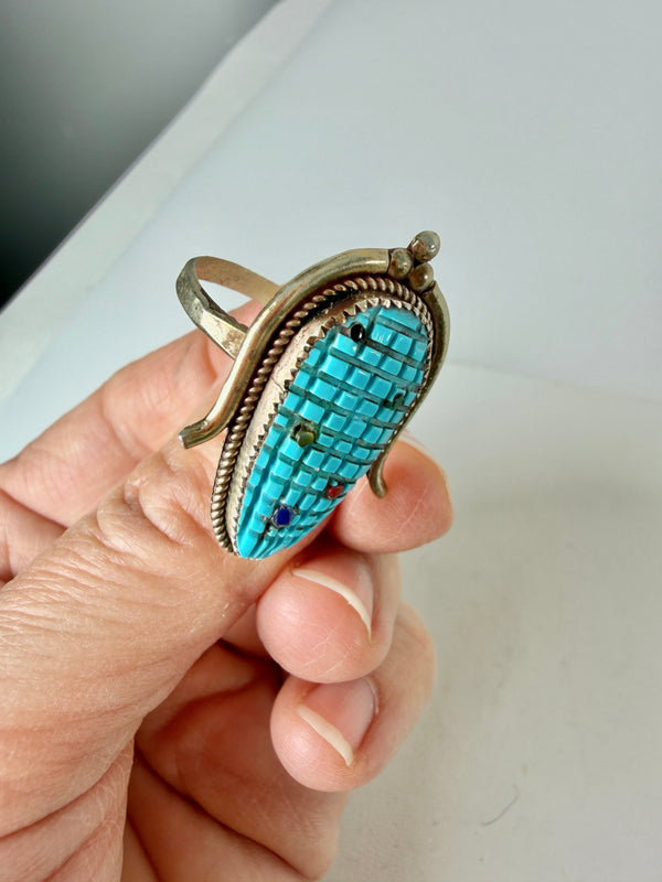 ZUNI HANDMADE KINGMAN MULTISTONES INLAY EAR OF CORN RING SIZE 10 (LN 35)