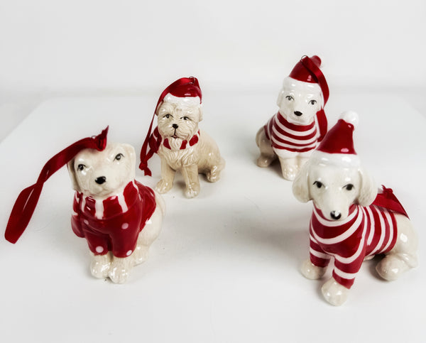 3 - DOLOMITE DOGGIE WITH SANTA HATS TREE ORGNAMENTS
