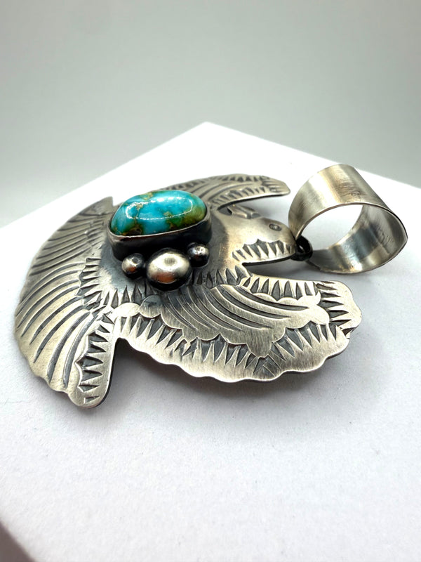 CHIMNEY BUTTE SONORAN GOLD TURQUOISE NATIVE HANDMADE SS THUNDERBIRD PENDANT 2.5" (NP 23)