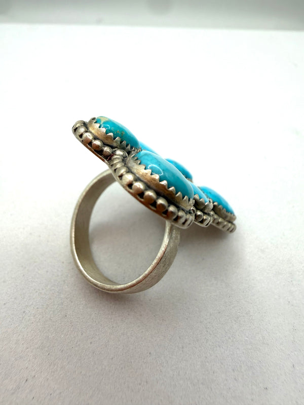 STERLING SILVER BLUE RIDGE TURQUOISE CLUSTER ADJUSTABLE RING (LR 6)