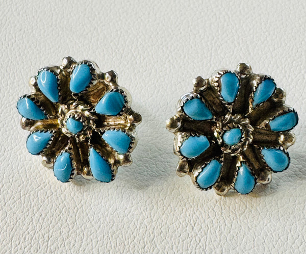 ZUNI HANDMADE SLEEPING BEAUTY TURQUOISE CLUSTER POST BACK EARRINGS (CO 94)