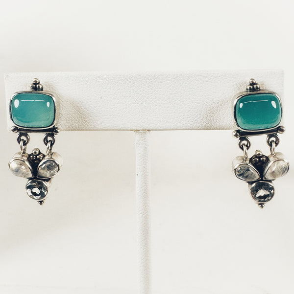 BLUE CHALCEDONY RAINBOW MOONSTONE & CRYSTAL QUARTZ ROYAL STUDS (LB51)