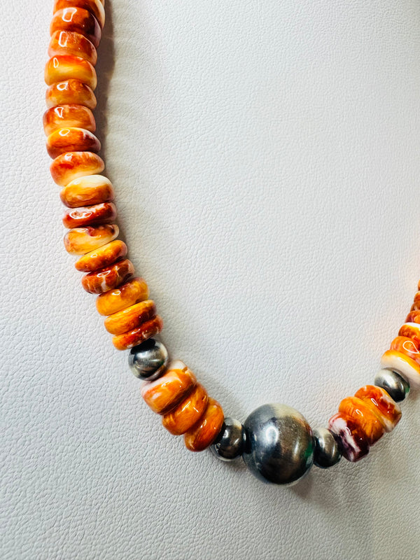 CHUNKY ORANGE SPINY OYSTER & NAVAJO PEARLS NECKLACE 18-24" (LB 14)