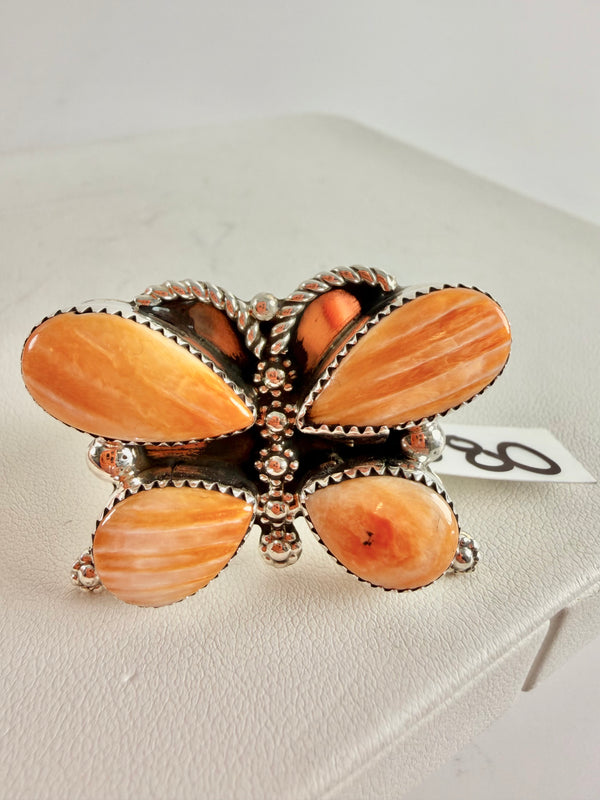 NATIVE HANDMADE ORANGE SPINY OYSTER STATEMENT BUTTERFLY RING SIZE 9 BY DARLENE BEGAY (RN 1)