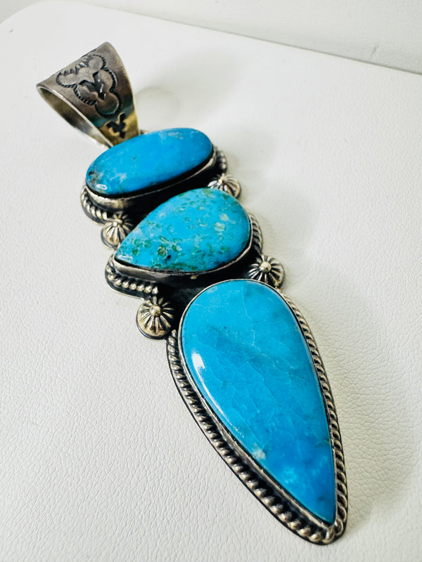 TRIPLE KINGMAN TURQUOISE STATEMENT PENDANT BY GILBERT PLATERO 4" (LB 12)