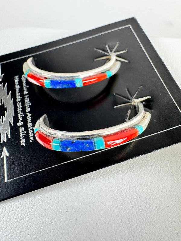 NATIVE HANDMADE JEANETTE CHAVEZ MULTISTONES INLAY HOOP EARRINGS