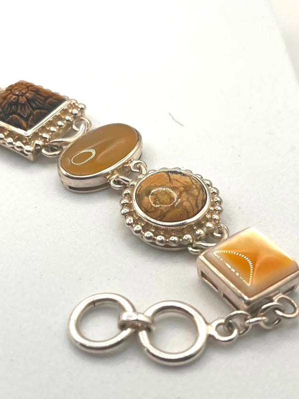 STERLING SILVER MULTISTONES TOGGLE BRACELET IN MOTHER-OF-PEARL TIGER'S EYE & JASPER 7-8" (LB 27)