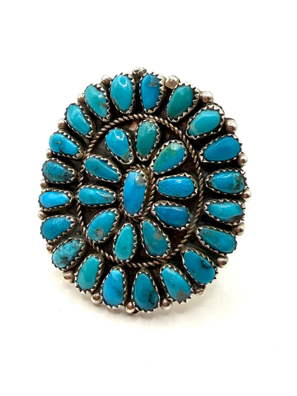 NATIVE HANDMADE VINTAGE 80's AZ KINGMAN TURQUOISE CLUSTER ADJUSTABLE RING (LL 6)