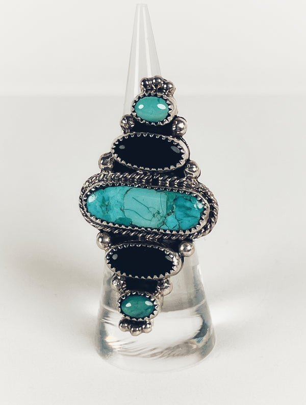 NATIVE HANDMADE KINGMAN TURQUOISE & BLACK ONYX RING SIZE 6.5 BY AR YAZZIE (MW 164)
