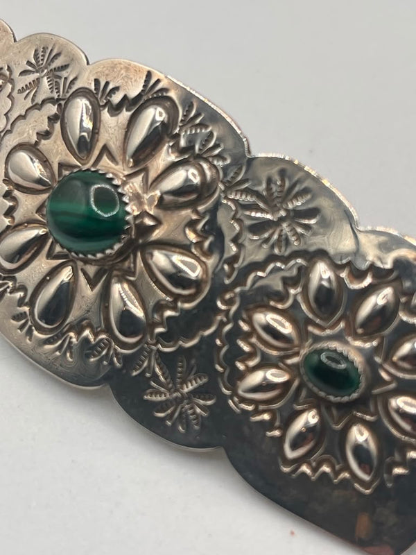 NATIVE HANDMADE MALACHITE HAIR BARRETTE SIGNED BY SHERYL MARTINEZ (LB 28)