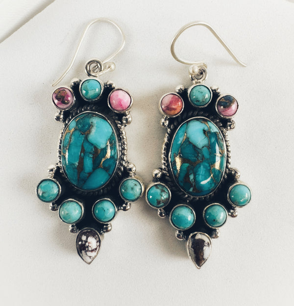 KINGMAN TURQUOISE PINK DAHLIA WILD HORSE & MOHAVE TURQUOISE DANGLE EARRINGS BY PTW