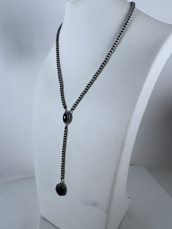 NAVAJO HANDMADE BLACK ONYX LARIAT STAMPED BY A. (MW 282)
