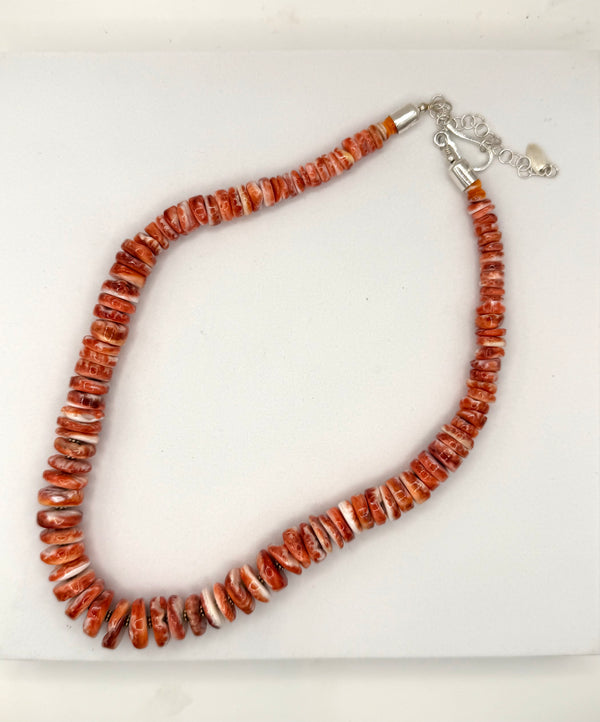 CHUNKY ORANGE SPINY OYSTER BEADED NECKLACE WITH STERLING SILVER FLUTTED SPACERS 18-22" (TC 14)